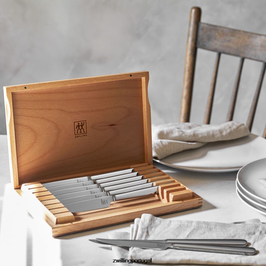 Zwilling talheres 442PVP52 Conjuntos de bife 8 peças, conjunto de faca de bife de aço inoxidável com estojo de apresentação de madeira