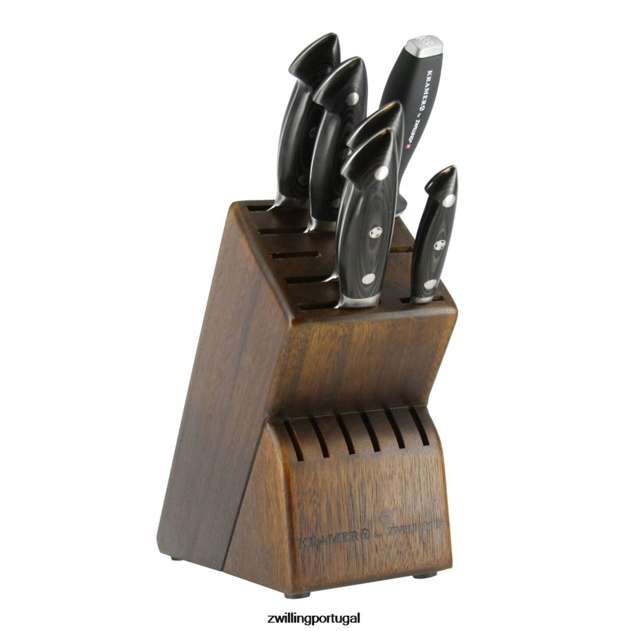 Zwilling talheres 442PVP200 kramer - coleção euroline inoxidável damasco 7 peças, conjunto de bloco de faca, marrom