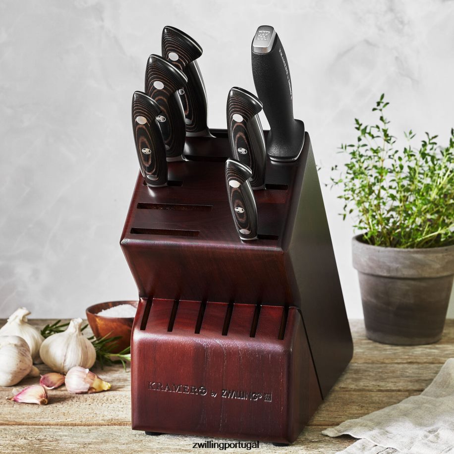 Zwilling talheres 442PVP200 kramer - coleção euroline inoxidável damasco 7 peças, conjunto de bloco de faca, marrom