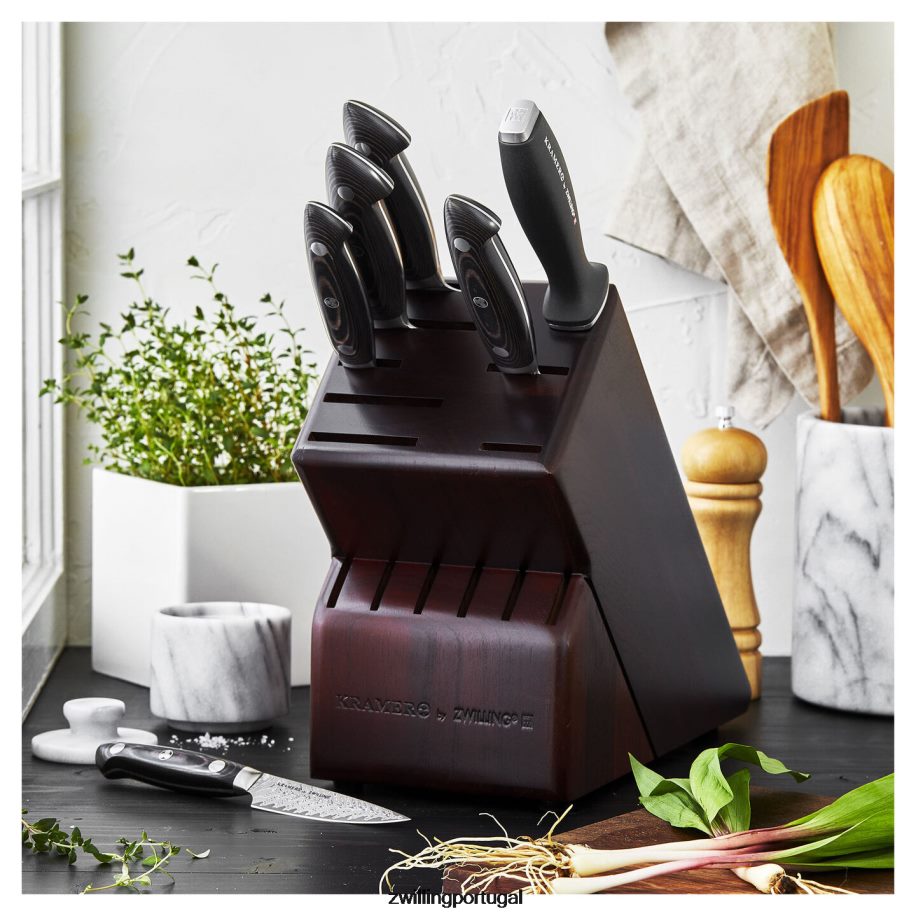 Zwilling talheres 442PVP200 kramer - coleção euroline inoxidável damasco 7 peças, conjunto de bloco de faca, marrom