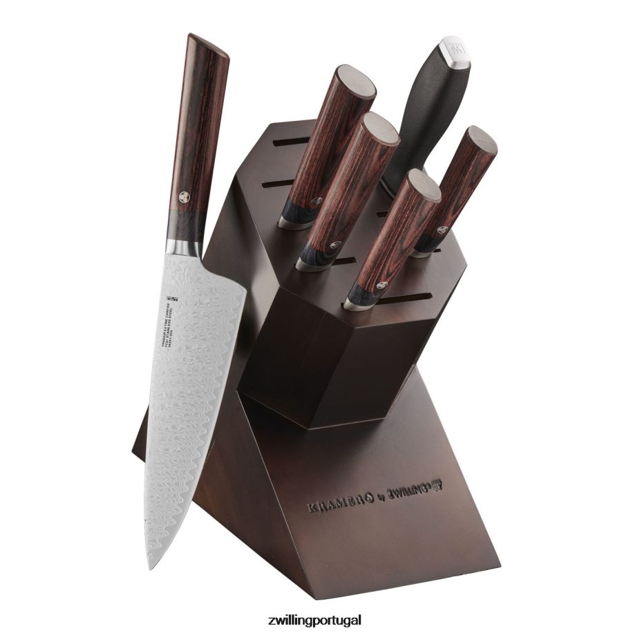 Zwilling talheres 442PVP187 bob kramer - meiji 7 peças, conjunto de bloco de faca, marrom