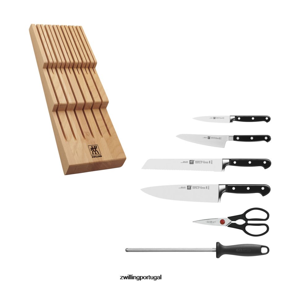 Zwilling talheres 442PVP150 conjunto profissional de 7 peças, bloco com bandeja para facas em madeira de faia, natural