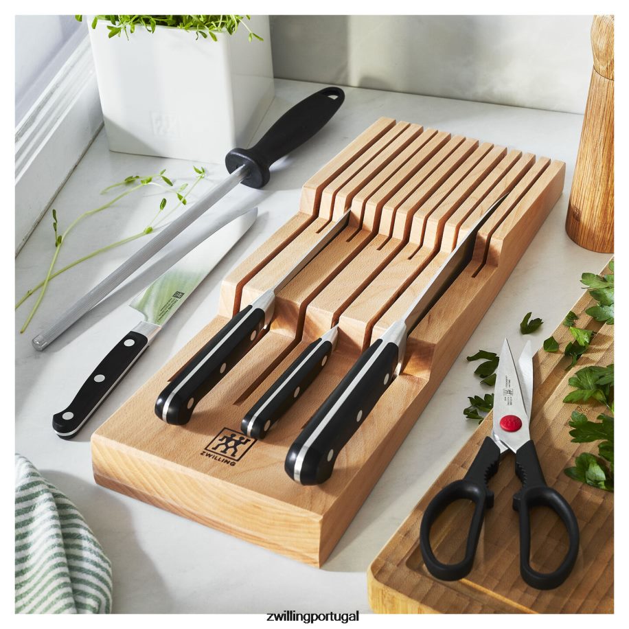 Zwilling talheres 442PVP150 conjunto profissional de 7 peças, bloco com bandeja para facas em madeira de faia, natural