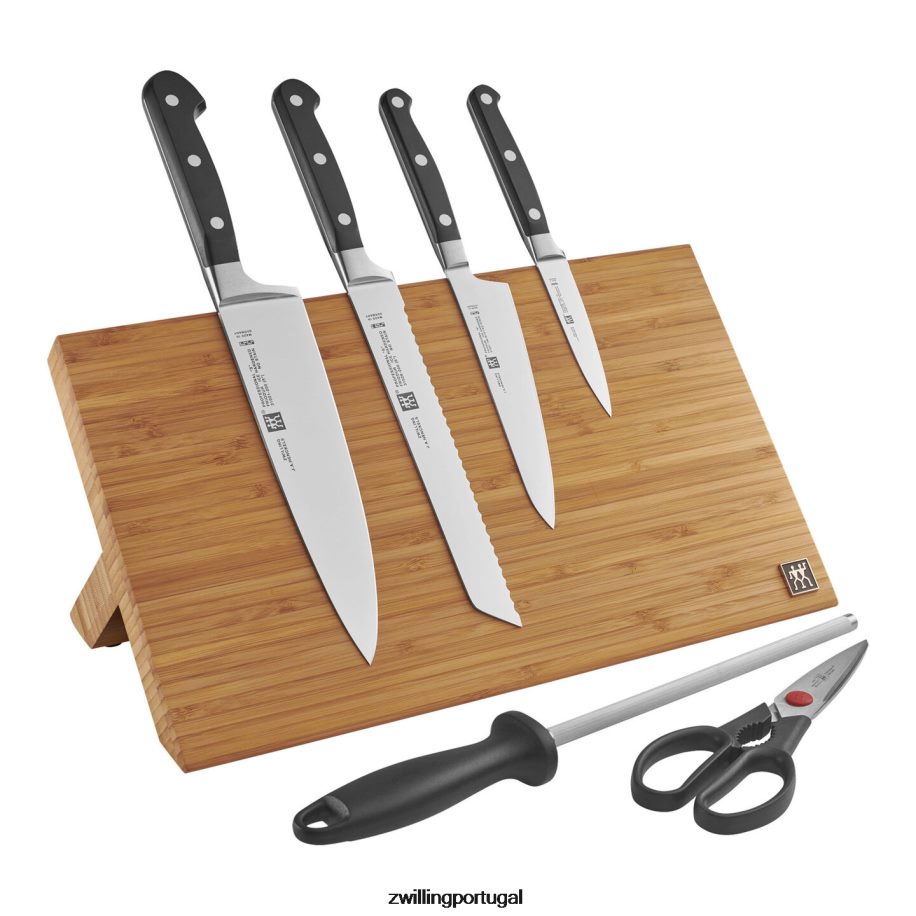 Zwilling talheres 442PVP422 profissional 7 peças, conjunto com cavalete magnético de bambu