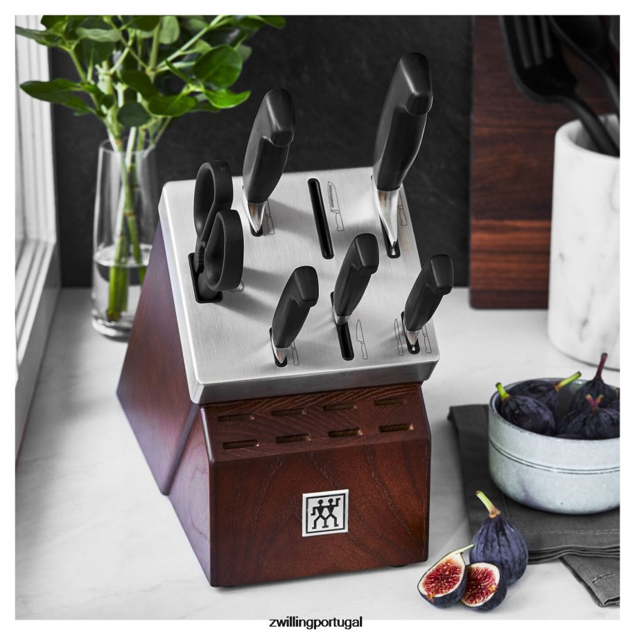 Zwilling talheres 442PVP8 conjunto de bloco de faca autoafiável quatro estrelas, 7 peças, preto prateado
