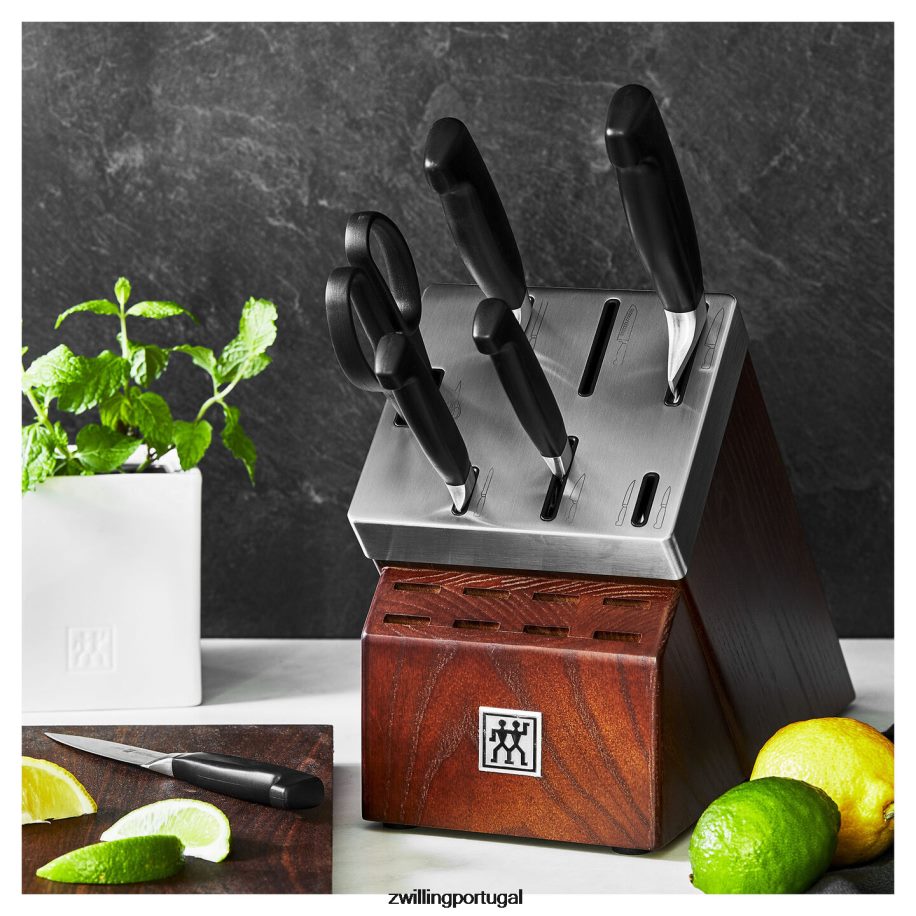 Zwilling talheres 442PVP8 conjunto de bloco de faca autoafiável quatro estrelas, 7 peças, preto prateado