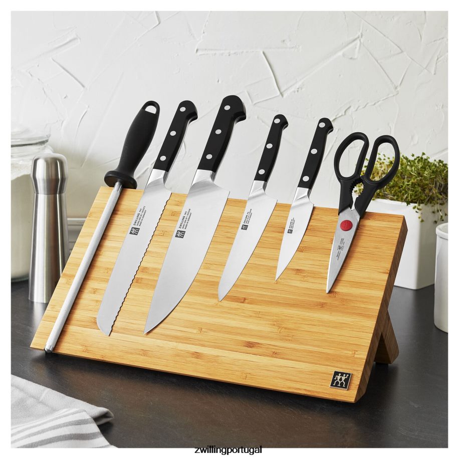 Zwilling talheres 442PVP406 pro 7 peças, conjunto com bloco de cavalete magnético de bambu, bambu