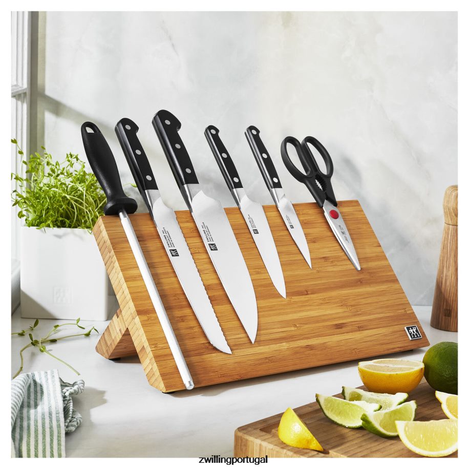 Zwilling talheres 442PVP406 pro 7 peças, conjunto com bloco de cavalete magnético de bambu, bambu